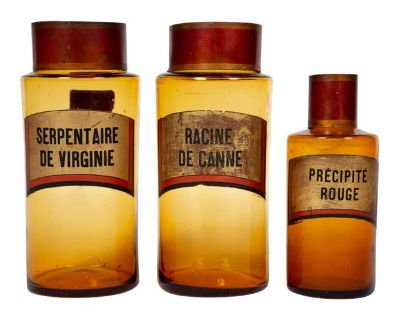 Antique Set of Three Glass Apothecary Jars, 19th Century, France.