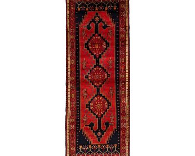 Red Vintage Persian Heriz Wool Rug With Tribal Pattern