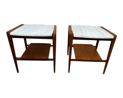 Pair of Mid Century Italian Travertine and Walnut 2 Tier Side Tables