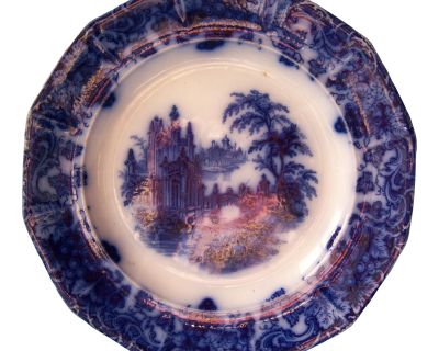 Gothic Pattern by Jacob Furnival & Co.: Antique Ironstone Transferware Flow Blue 12-Panel Plate, Circa 1860s