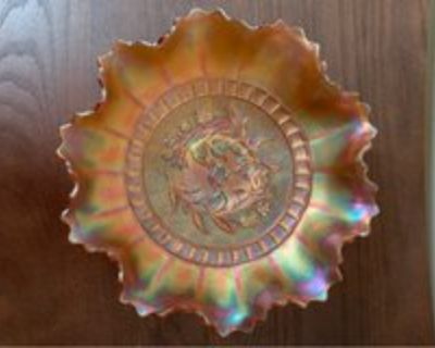 8 1/2 inch orange carnival glass Dugan Marigold/Wildflower ruffled bowl.
