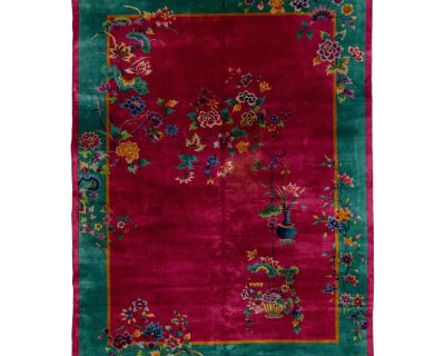 Room Size Vintage Art Deco Wool Rug Handmade With Chinese Floral Motif