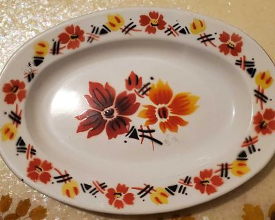 Bumper Harvest Enamelware Plate or Tray, Orange and Yellow Floral Design