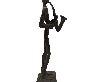 Vintage Early 20th Century Bronze Jazz Musician Saxaphone Player Sculpture Statue Handmade Brutalist