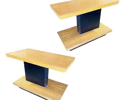 This Unique asymmetric mid-century side table exemplifies the clean lines and bold geometry characteristic of the work made famous by Paul Frankl. Featuring a beautiful walnut wood top and base, the table showcases a striking two-tone design, with a contrasting matte black pedestal in the center. The wood s rich, warm finish adds a natural touch, while the sleek, minimalist structure emphasizes...