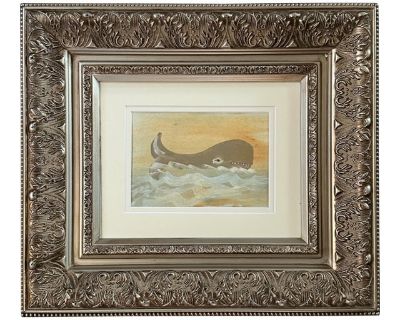 Vintage Folk Art Watercolor of a Whale