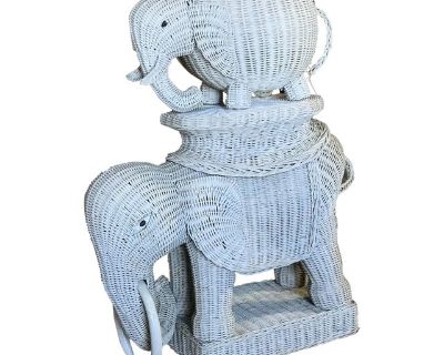 1970s White Rattan Elephant Side Table and Bowl- 2 Pieces