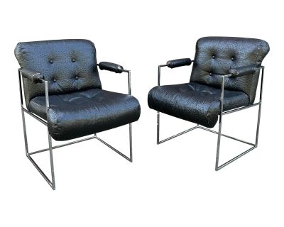 Pair of Milo Baughman for Thayer Coggin Black Leather and Chrome Arm Chairs