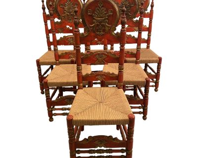 1950s Italian Renaissance Revival Partial Gilt Rush Feat Chairs, Set of 6