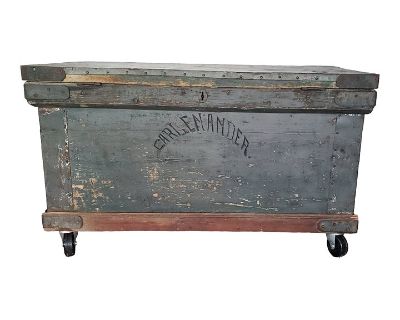 1900s Antique Flat Top Wood Steamer Trunk Chest With Divided Trays, Handles & Wheels