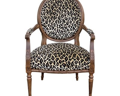 Ethan Allen Louis XVI Style Oval Back Armchair Upholstered in Leopard Print Velvet