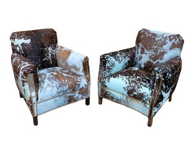 1930s French Art Deco His & Hers Club Chairs Newly Upholstered in Baby-Blue & Black Brazilian Cowhide With Nail-Head Trim - Set of 2