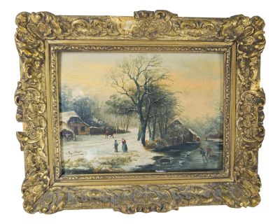 19th Century Dutch Winter Landscape Oil Painting on Wood Panel Signed Koekkoek