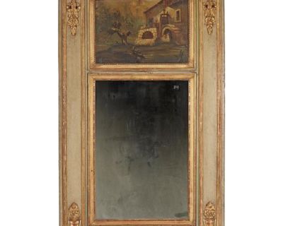 Antique Louis XVI Style Painted and Parcel Gilt Trumeau Mirror Circa 1875 Estate of Katherine Elkins Boyd