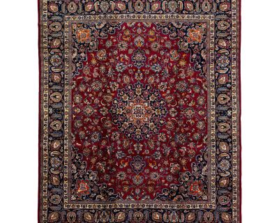 Vintage Mashad Persian Wool Rug in Red With Rossette Motif