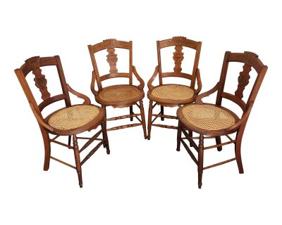 1920s Antique Vintage Eastlake Caned Chairs - Set of 4