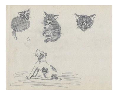 1943 William Wood Dog and Kitten Drawing