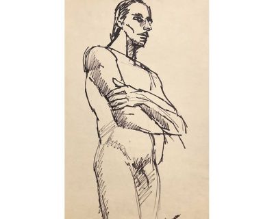 1970s Standing Male Nude Drawing by Ruth Freeman
