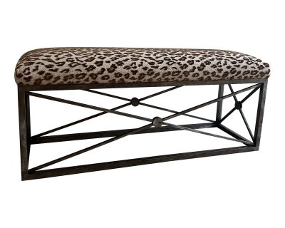 Vintage Patinated Grey Metal X Bench With New Luxe Designer Epingle Leopard Velvet Upholstery