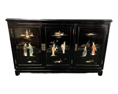 Vintage Black Lacquered Chinoiserie Asian Credenza Buffett Sideboard With Mother of Pearl Appliques