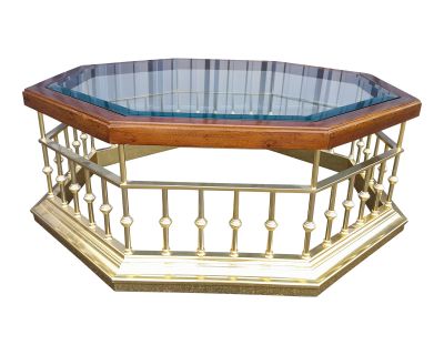 1970s Hollywood Regency Hexagon Coffee Table in Brass, Wood and Glass