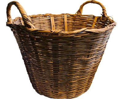 1950s Vintage Woven Basket With Dual Handles Flat Willow