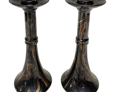 Vintage Pair Haeger Ceramic Candlesticks Black Metallic Glaze