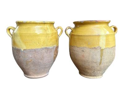 Pair Antique Provincial French Yellow Glazed Pottery Confit Pot Urn Vessel Vase
