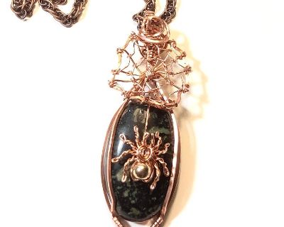 Copper Wire Wrap Stone Pendant with Spider and Web