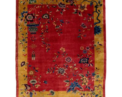 Antique Art Deco Chinese Floral Wool Rug Handmade in Red