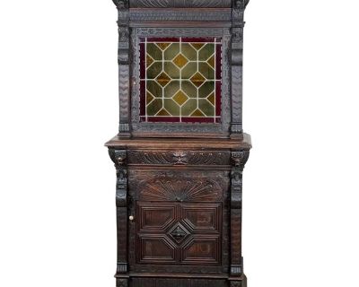 Antique Gothic Revival Carved Oak Green Man Cabinet C. Mid 19th Century