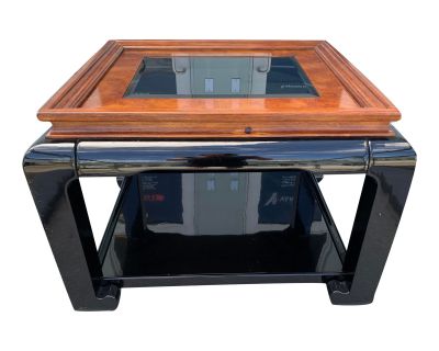 Vintage Black Lacquer & Burled Wood Chinoiserie Chin Hua Ming Style Side Table with Smoked Glass Top Attributed to Century Furniture