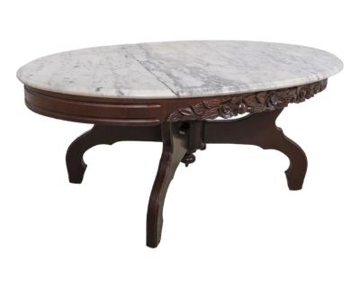 Age: Approx: 60 Years Old Details: Victorian Style Mahogany Fine Carved Details High Quality Construction Marble Comes Off Rose Carved Apron Hanging Finial Un-Marked As To Manufacture Offered @ Fraction Original Retail Cost Condition: Excellent Condition - Minor Signs Of Light Household Use-Age Some Discoloration To Top Size: 46w x 28d x 18h. Dimensions 46 W 28 D 18 H Styles Victorian Table Sha...