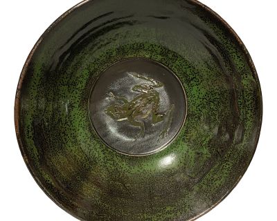 Large Frog Bowl- Wheel Thrown Art Pottery- Artist Signed- Green Speckled Glaze
