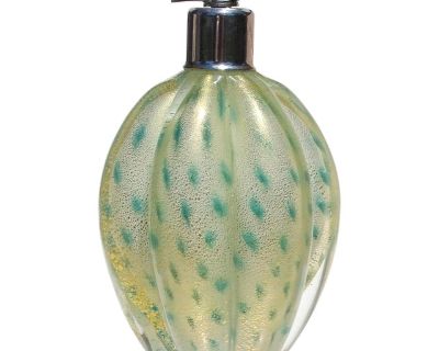 Seguso Murano Gold Flecks Teal Dot Pattern Vintage Italian Art Glass Perfume Atomizer Bottle