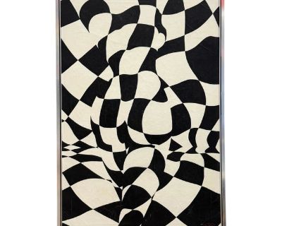 The warped checkerboard of this dramatic Op Art oil painting is subtly manipulated to map out the contours of a voluptuous female nude. The viewer is challenged to look beyond the surface in order to perceive the hidden form, as the stark black and white contrast heightens the sense of distortion. In the same way that zebra stripes function as camouflage, the geometries obscure the outline of t...