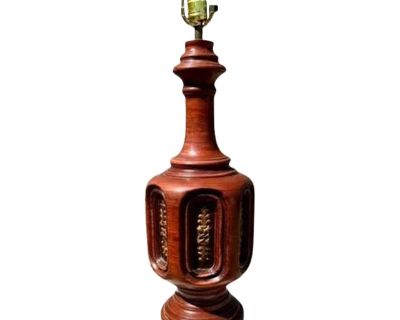 Great heavy wood statement piece to light up any space. No shade - so you may style it to fit your unique home. very heavy!. Dimensions 8 W 8 D 31.97 L Styles Mid-Century Modern Lamp Shade Not Included Period 1960s Country of Origin United States Item Type Vintage, Antique or Pre-owned Shop Sustainably with Chairish Materials Mahogany Condition Good Condition, Original Condition Unaltered, Some...