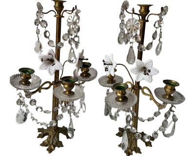 19th Century Pair of Victorian Style Glass Lily Flowers and 4 Light Candle Holders