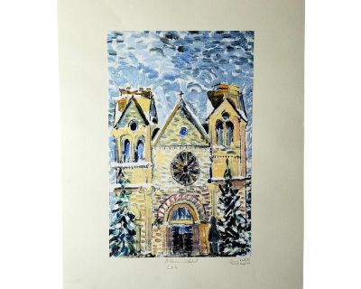 Vintage Blue Impressionist Style Lithograph of the Cathedral Basilica