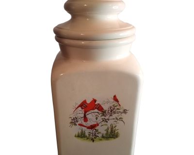1980s Red Cardinals Hand Painted Beige Lidded Cookie Jar or Canister