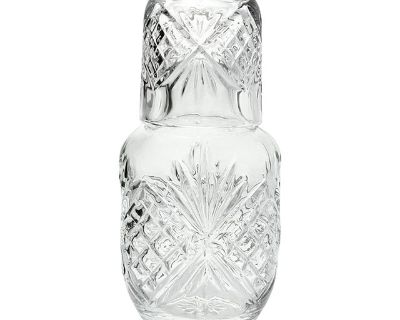 Vintage Crystal Bedside Carafe & Tumbler Set, Fan & Diamond Cuts 7 1/2 16oz Excellent condition. No chips, cracks, or fleabites. Height 7 1/2 Length 3 1/2 Holds 16oz Tumbler Height 3 7/8 Holds 4oz Circa 2000s. Dimensions 3.5 W 3.5 D 7.5 H Styles Contemporary Period 2000 - 2009 Country of Origin United States Item Type Vintage, Antique or Pre-owned Shop Sustainably with Chairish Materials Crysta...