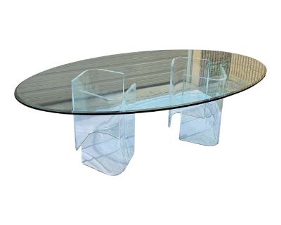 Vintage Oval Beveled Glass Top on 4 "V" Lucite Legs Dining Table
