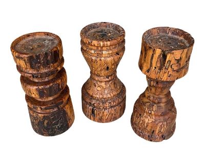 Set of 3 Vintage Carved Wood Free-Standing Candlesticks