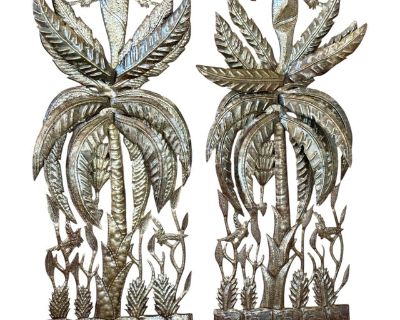 Pair of Handcrafted Haitian Recycled Steel Palm Tree Wall Sculptures
