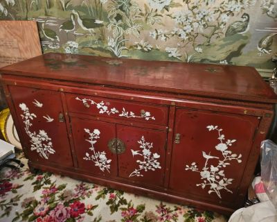 Vintage Red Lacquer Chinese Sideboard Cabinet