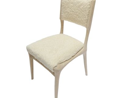 Custom Mid Century Style Oak Dining Chair in Ivory Boucle