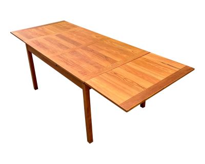 Refinished Mid Century 1960s Danish Teak Wood Extendable Dining Table With 2 Attached Leaves
