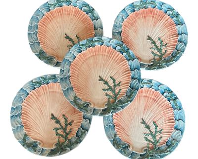 Vintage Handpainted Italian Scallop and Seaweed Majolica Plates- Set of 5