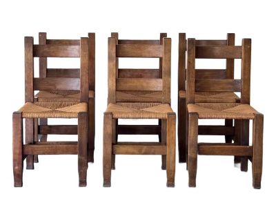 Set of 6 oak chairs by the Michigan Chair Co. Grand Rapids, c. 1901. Modeled after the first mission oak design for Swedenborgian Church in 1893-4, San Francisco, California Bernard Maybeck design in amazing condition, no damage to rush seats, heavy and sturdy chairs. Sold as a set of 6. 18 W x 18 D x 26 H x 18 SH. Dimensions 18 W 18 D 26 H Styles Arts & Crafts Seat Height 18.0 in Number of Sea...