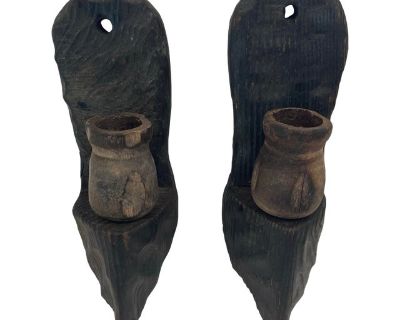 Spanish Revival Wooden Candle Wall Sconces - A Pair